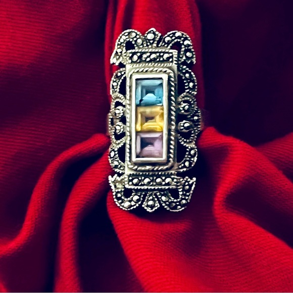 Vintage Sterling 925 Three Stone Art Deco Style Filigree Marcasites size 5.75 - Picture 1 of 10